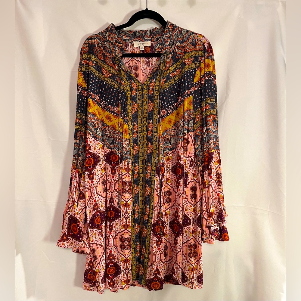 Boho Mixed-Print Long Sleeve Tunic Dress in Pink and Navy